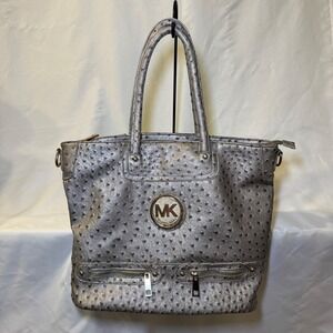 Michael Kors Metallic Silver Ostrich Embossed Tote Bag Gold Logo Medallion Large